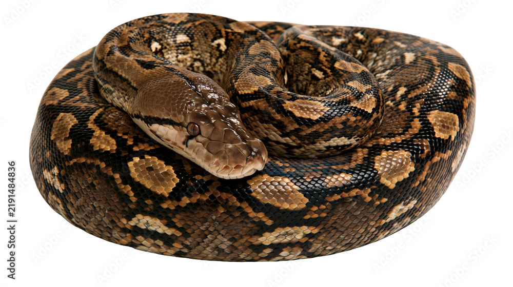 Fotografie Coiled reticulated python with brown and black patterned scales