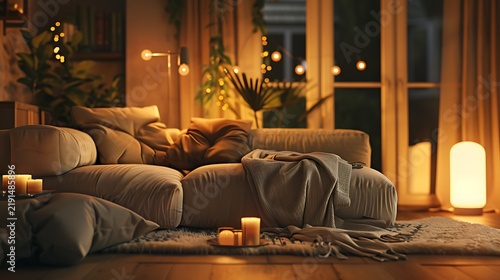 Warm and inviting living room with comfortable sofa, soft lighting, creating a cozy and relaxing atmosphere.