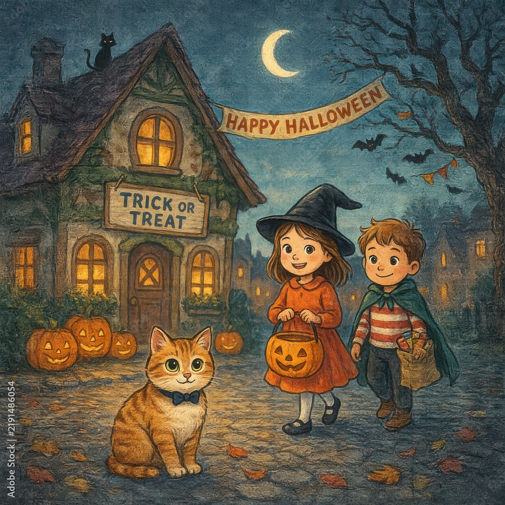 Fototapeta premium Happy Halloween kids with cat and jack o lantern house