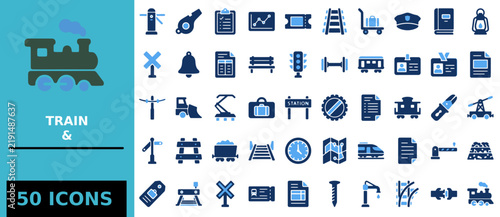Blue train and railway transportation icon set for web design