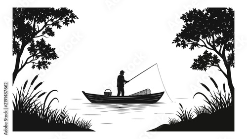 Black and white silhouette illustration of a fisherman in a rowboat on a lake with recreational fishing