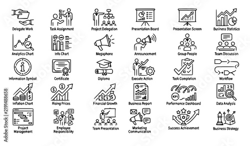 Business App Line Icons for Delegation Presentation Statistics and Management