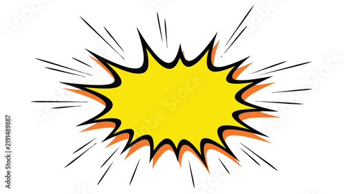 Colorful yellow comic book speech bubble with orange outline and black burst lines on white background for pop art text design and comic action