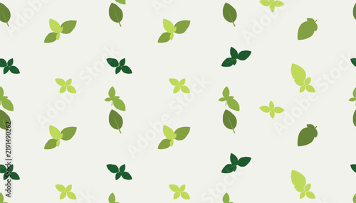 Dynamic seamless pattern composed of randomly scattered green leaves in various vibrant shades, creating a fresh and natural background.