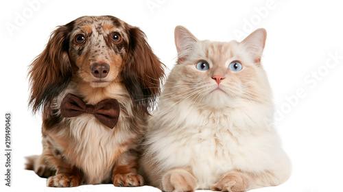 Bild auf Leinwand Dapple long-haired dachshund dog with brown bow tie and fluffy cream ragdoll cat