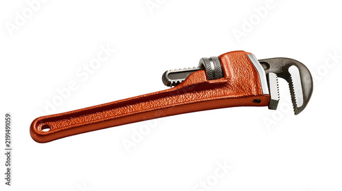 Fotografie Heavy duty orange cast iron pipe wrench with adjustable serrated steel jaw