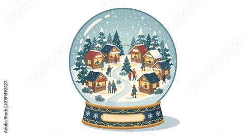 Christmas Snow Globe Scene with Festive Market and Snowy Trees