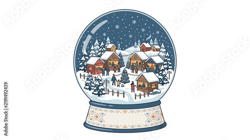 Christmas snow globe with festive village, falling snow and decorated tree