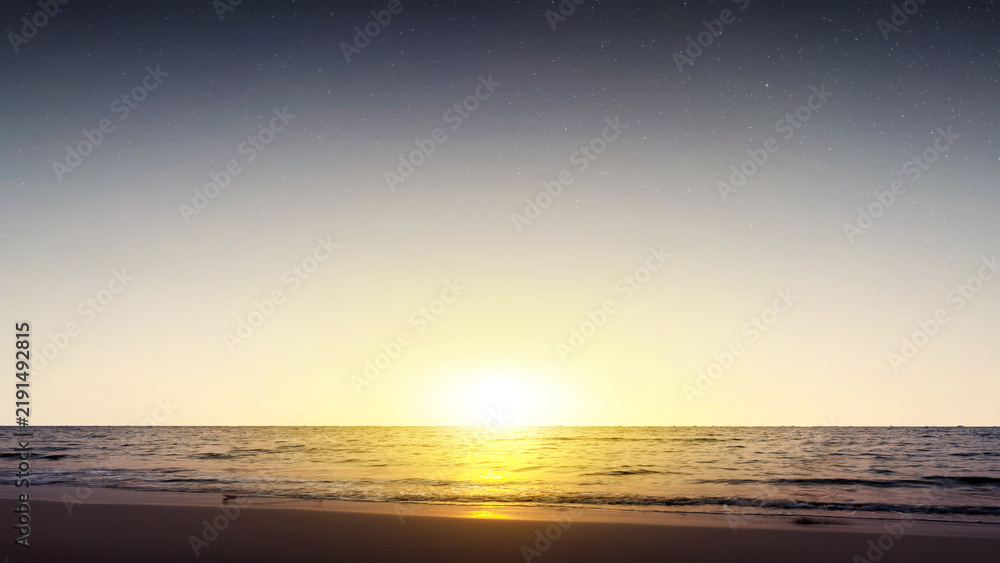 Obraz premium A twilight scene on a serene beach, with the sun setting on the horizon over the ocean under a clear, starry night sky, casting a golden glow on the water and sandy shore. Morning scene background