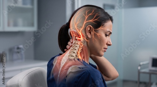 Woman holding painful neck with 3d anatomical overlay showing cervical spine and glowing nervous system
