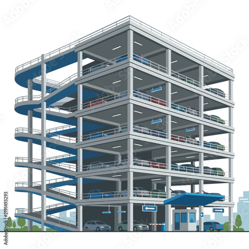 Multi-Level Parking Garage with Cars and Ramps, Urban Architecture