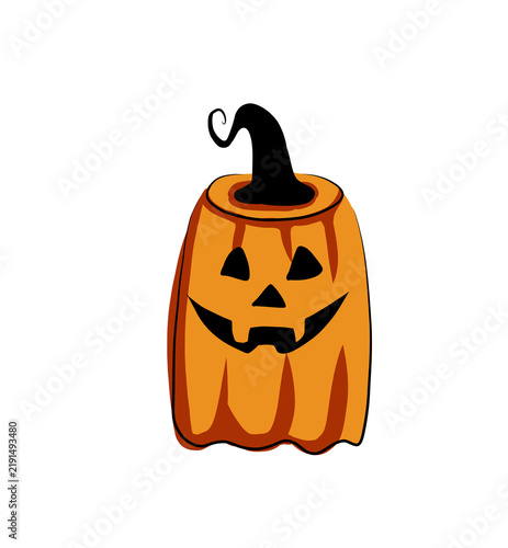 Spooky Halloween pumpkin or jack-o'-lantern with carved face and curly black stem isolated on transparent background, festive autumn graphic vector illustration for holiday design