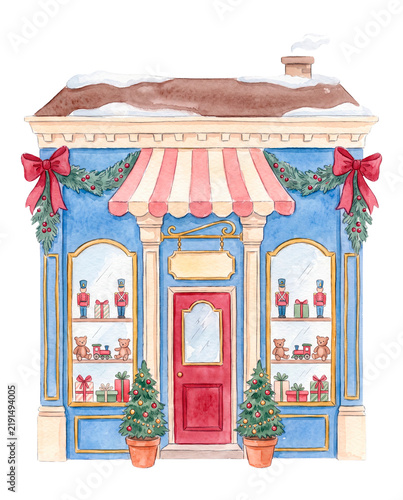 Whimsical Watercolor Christmas Toy Shop Storefront, Festive Holiday Illustration