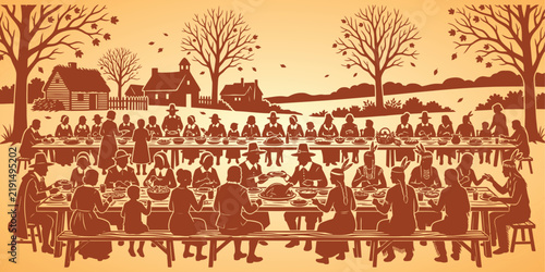 Historical gathering of settlers at a long communal thanksgiving banquet
