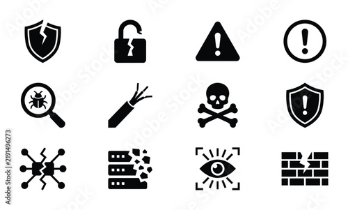 Cybersecurity Icons Set: Data Breach, Malware, Firewall, Network Security, Protection