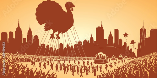 Large turkey float parading through a city street for thanksgiving celebration