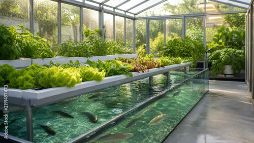 Aquaponic system with fresh green lettuce growing in a modern greenhouse with fish tanks below