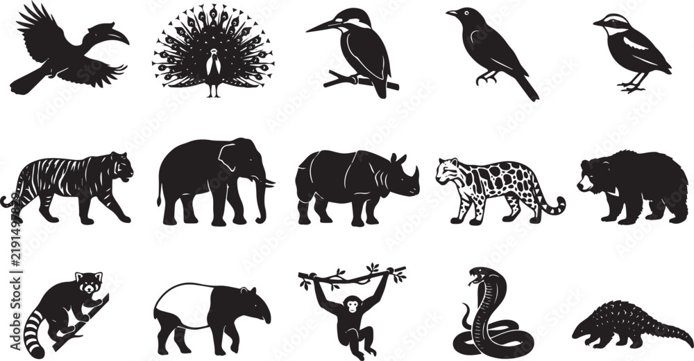 Fototapeta premium Set of asian jungle wildlife silhouettes, including tiger, elephant, rhinoceros, leopard, bear, snake, and various bird species in black and white