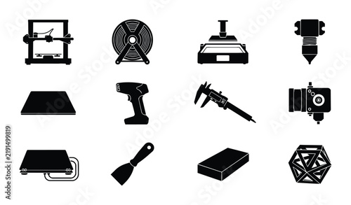 12 3D Printing Icons, Additive Manufacturing Equipment & Tools, Technology & Innovation Graphics, Vector Set