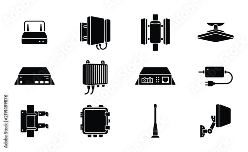 Network Hardware Icons, Technology Equipment Vector Set, Communication Devices Collection, Server Router Antennas, Connectivity Gadgets