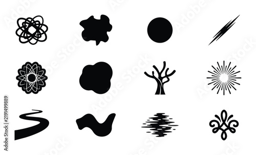 Abstract Organic Shapes and Geometric Icons Set, Black and White Vector Graphics for Design Elements, Creative Symbols and Decorative Accents