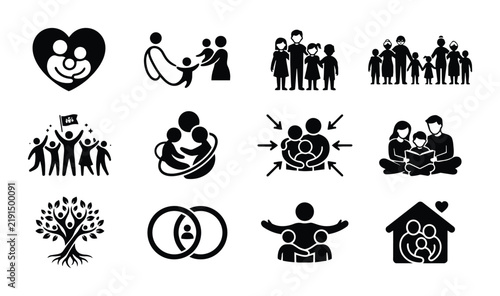 Family Icons Set, Diverse Human Relationships, Love and Unity Symbols, Vector Graphics for Lifestyle and Community Concepts