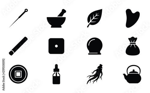 Holistic Wellness Icons: Acupuncture Needle, Mortar Pestle, Leaf, Gua Sha Stone, Dropper Bottle, Ginseng Root, Tea Pot, Coin, Crystal Ball, Dice, Bag, Stick