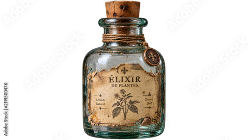 An antique glass bottle filled with a mysterious liquid, labeled Élixir de Plantes with a vintage illustration of a botanical sprig. The bottle is sealed with a cork and twine.