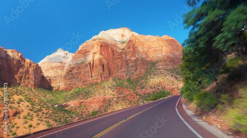 Zion National Park POV Drive Toward Towering Red Cliffs Utah