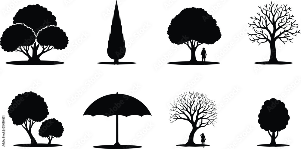 Obraz premium Tree silhouette illustration, diverse tree shapes, nature artwork, forest design, environmental concept, human interaction, landscape vector, ecology symbol, greenery art