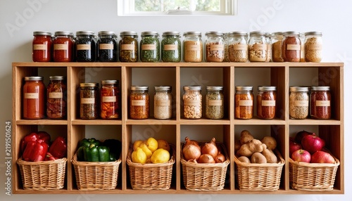 Organized pantry shelves with glass jars and wicker baskets of fresh produce.