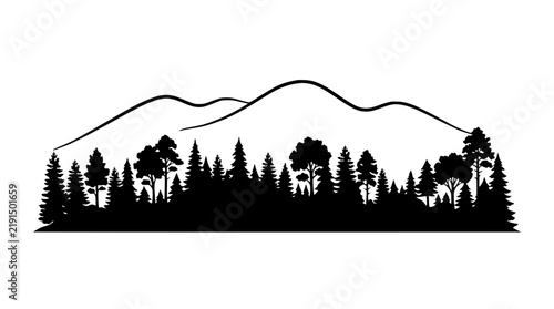 Black Silhouette Forest Landscape with Mountain Range on White Background