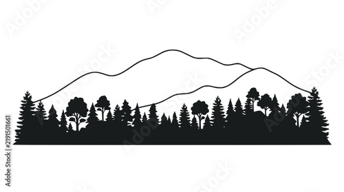 Black Silhouette Mountain and Forest Landscape Minimalist