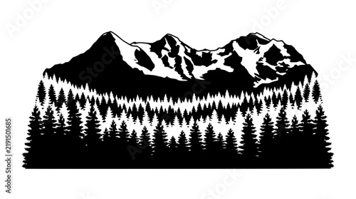 Black Silhouette Mountain Landscape with Pine Forest Treeline Vector Illustration