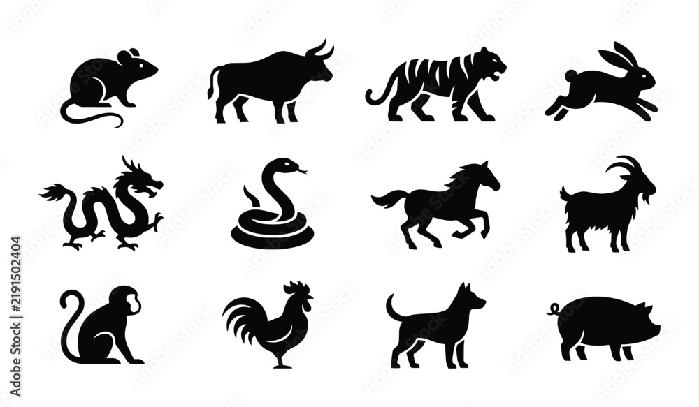 Obraz premium Chinese Zodiac Animals Vector Icons Set, Traditional Lunar Horoscope Silhouettes, Eastern Astrology Symbols Collection, Black and White Graphic Elements