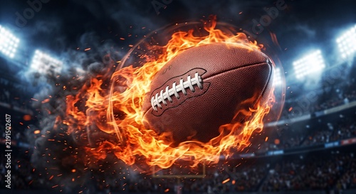 A brown American football ball is flying through a wall of intense orange and yellow flames against a dark, blurred stadium background with bright floodlights.