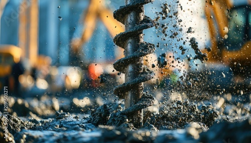 Industrial drilling machine working on a construction site with flying debris.