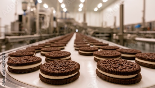 Cream filled chocolate sandwich cookies moving along a production line in a factory.