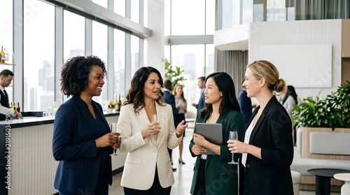 Diverse business women networking with drinks at a modern corporate event