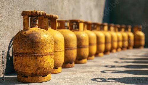 A row of aged yellow gas cylinders lined up on a concrete floor.