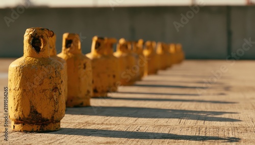 A row of old yellow metal gas cylinders standing on a concrete surface.