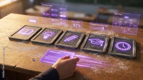 Teacher's hand swiping a digital lesson card among glowing holographic overlay icons of an open book, lightbulb, pencil, graduation cap, and clock on a rustic wooden desk