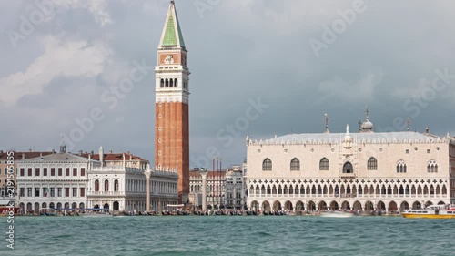 Hyper lapse Riva degli Schiavoni, Doge's Palace and busy Venetian Lagoon traffic, Venice, Italy