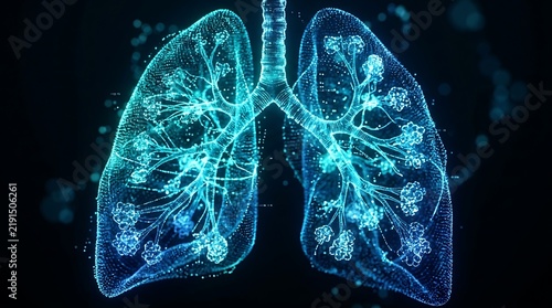 Human lung anatomy with blue particle network