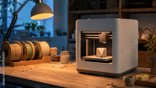 Modern 3D printer creating a plastic object on a wooden workbench in a home workshop setting