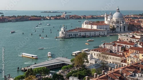 Aerial time lapse Grand Canal traffic and Basilica di Santa Maria della Salute, Venice, Italy