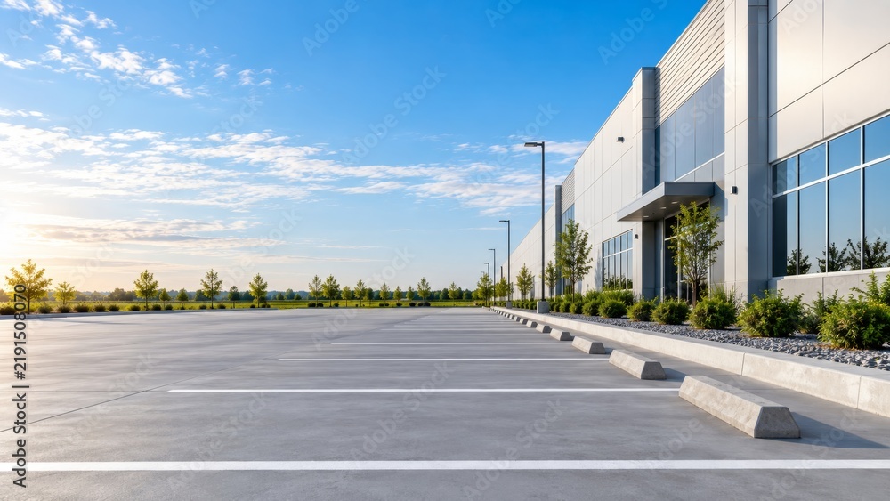 Fototapeta premium Industrial Risk Engineering, Spacious and Empty Factory Parking Lot Under Clear Blue Sky with Modern Architecture and Beautiful Landscaping