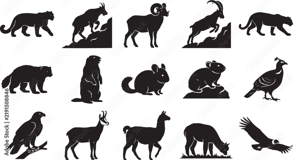 Obraz premium Set of black silhouettes of alpine animals, including mountain goats, bighorn sheep, marmot, chinchilla, eagle, and llama in a grid layout