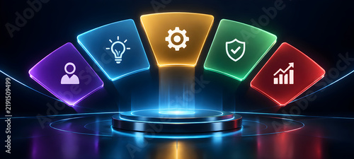 3D Futuristic Glowing Curved 5 Stage Business Infographic Template with Icons on Podium

