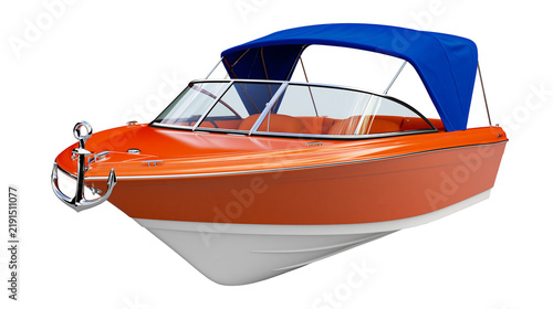 Canvastavla Orange and white motorboat with blue bimini top and chrome anchor